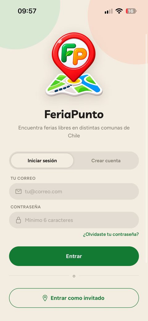 Pantalla de inicio de sesión de FeriaPunto