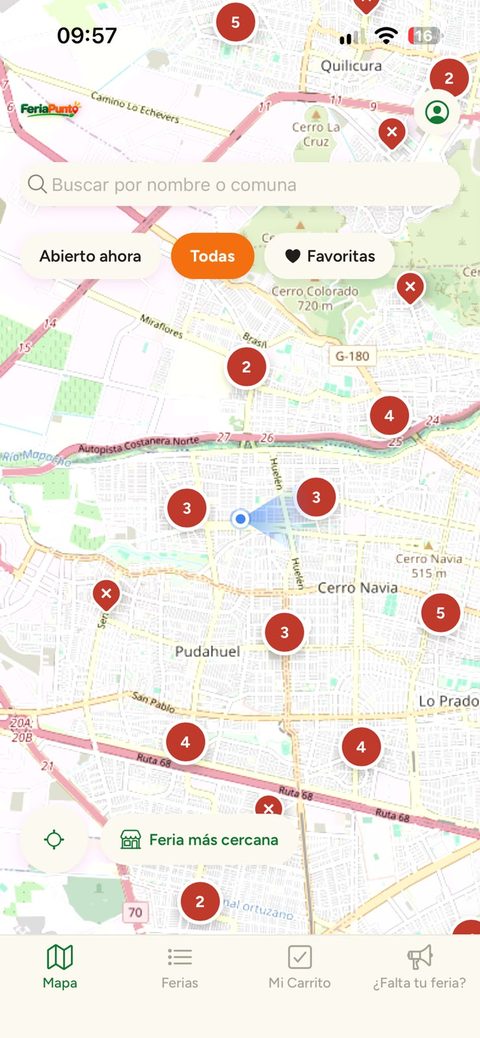 Mapa de ferias libres en la app FeriaPunto